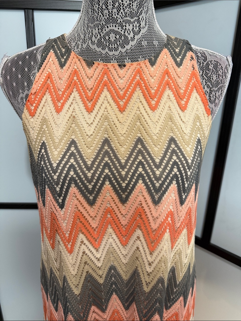 Tacera Chevron Knit Mini Dress in Coral, Cream, Gray - Picture 2 of 6